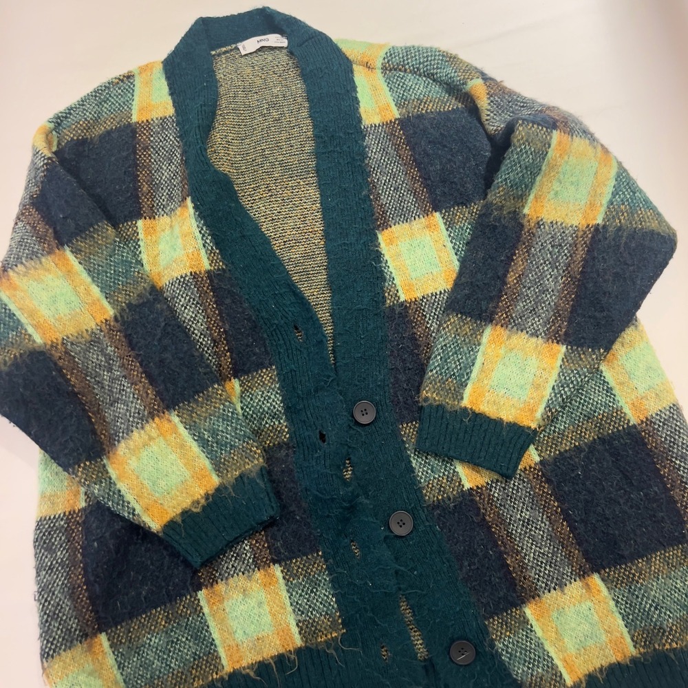 MANGO Plaid Cardigan Sweater Button Front Oversized Cozy Emerald Green Yellow